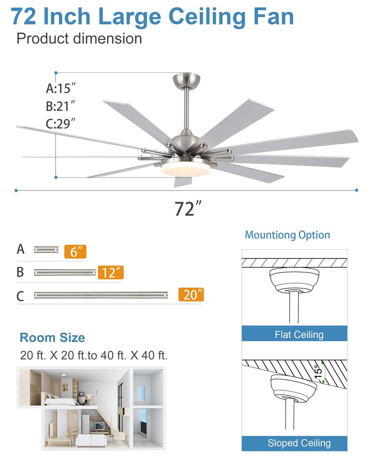 POCHFAN 72 inch Ceiling Fans with Lights and Remote, Large Ceiling fan with 9 Wooden Blades for Kitchen Living Room Indoor or outdoor Patio,Quiet 3 CCT,6 Speed, Brushed Nickel POCHFAN