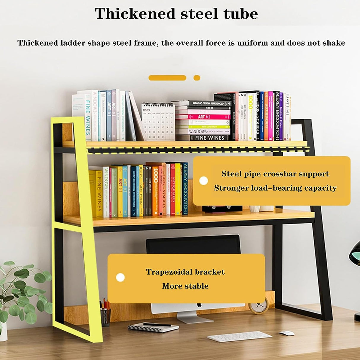 2-Tier Black Desktop Bookshelf Organizer for Efficient Home Office & Dorm Storage Oisei