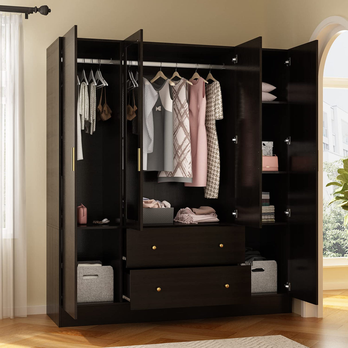 AIEGLE 4 Doors Wardrobe Armoire with Mirror, 63" Wide Large Freestanding Armoire Wardrobe Closet with 2 Drawers, Shelves & 2 Hanging Rods, Bedroom Clothes Storage Cabinet Organizer, Black Brown AIEGLE