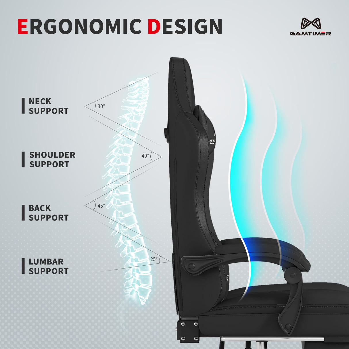 Gaming Chair with Footrest, Ergonomic Computer Chair, PU Breathable Material with Headrest and Lumbar Support, Suitable for Silla Gamer and Adults (Black) Gamtimer
