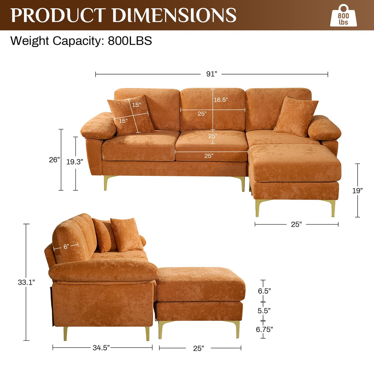 OUYESSIR L Shaped Sectional Sofa Couch, 91" Upholstered Velvet 3 Seat Sofa with Ottoman and Pillows, Comfy Couch Sleeper for Living Room, Bedroom (Orange) OUYESSIR