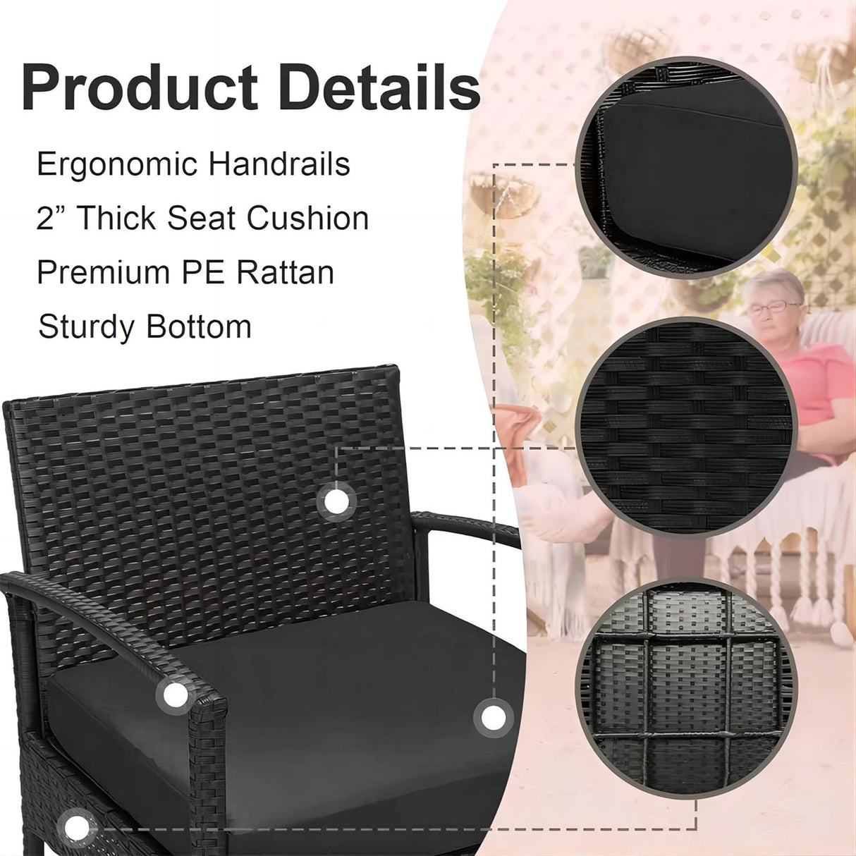 PROHIKER 3 PCS Patio Rattan Conversation Chairs Set, Outdoor Patio Furniture Balcony Furniture Set, Wicker Patio Set for Garden Porch Balcony Yard, Black PROHIKER