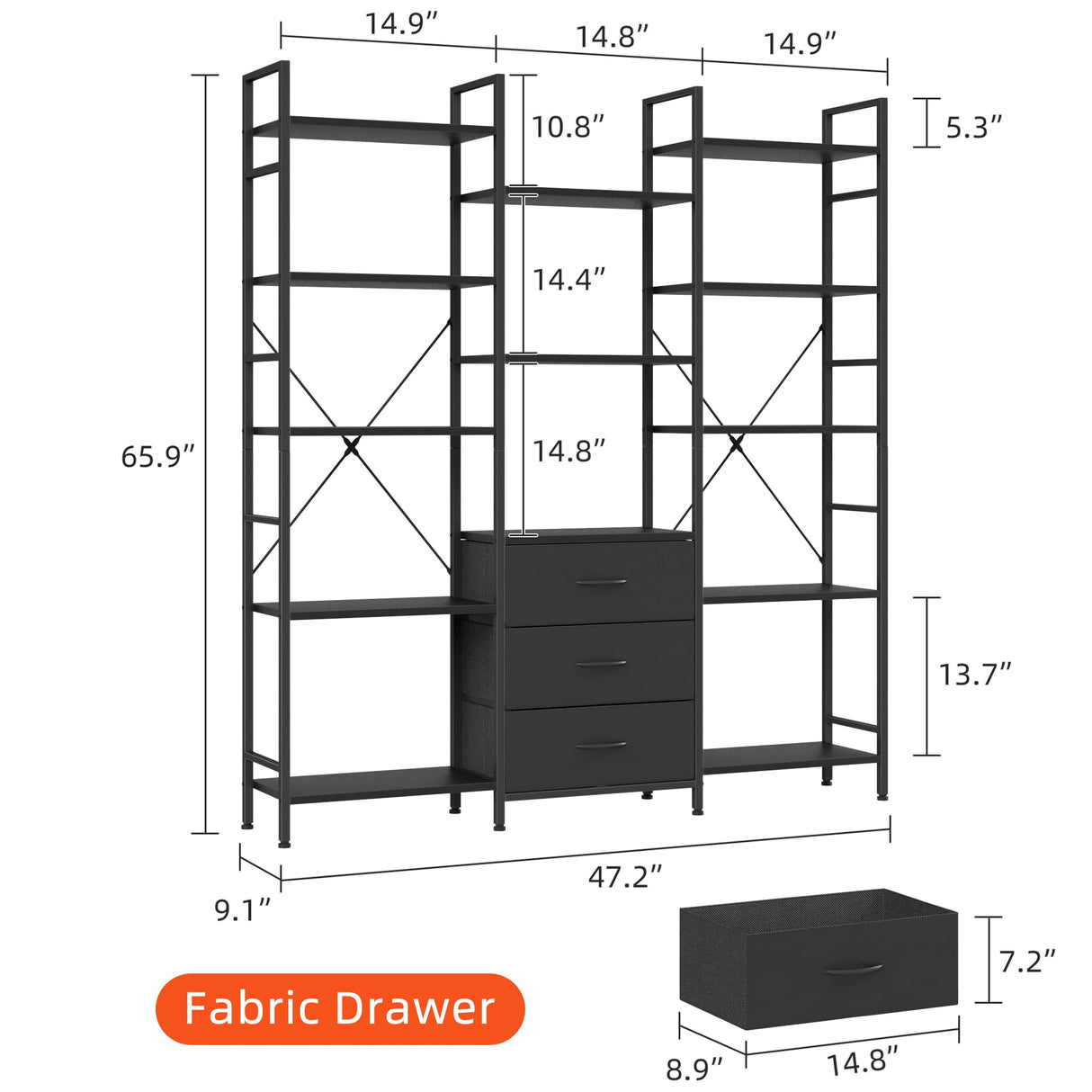 AFLUI Triple Bookshelf with 3 Fabric Drawers, 5-Tier Book Shelf and 10 Display Shelves, Industrial Large Bookcase for Home & Office, Black, 47'' Wide AFLUI