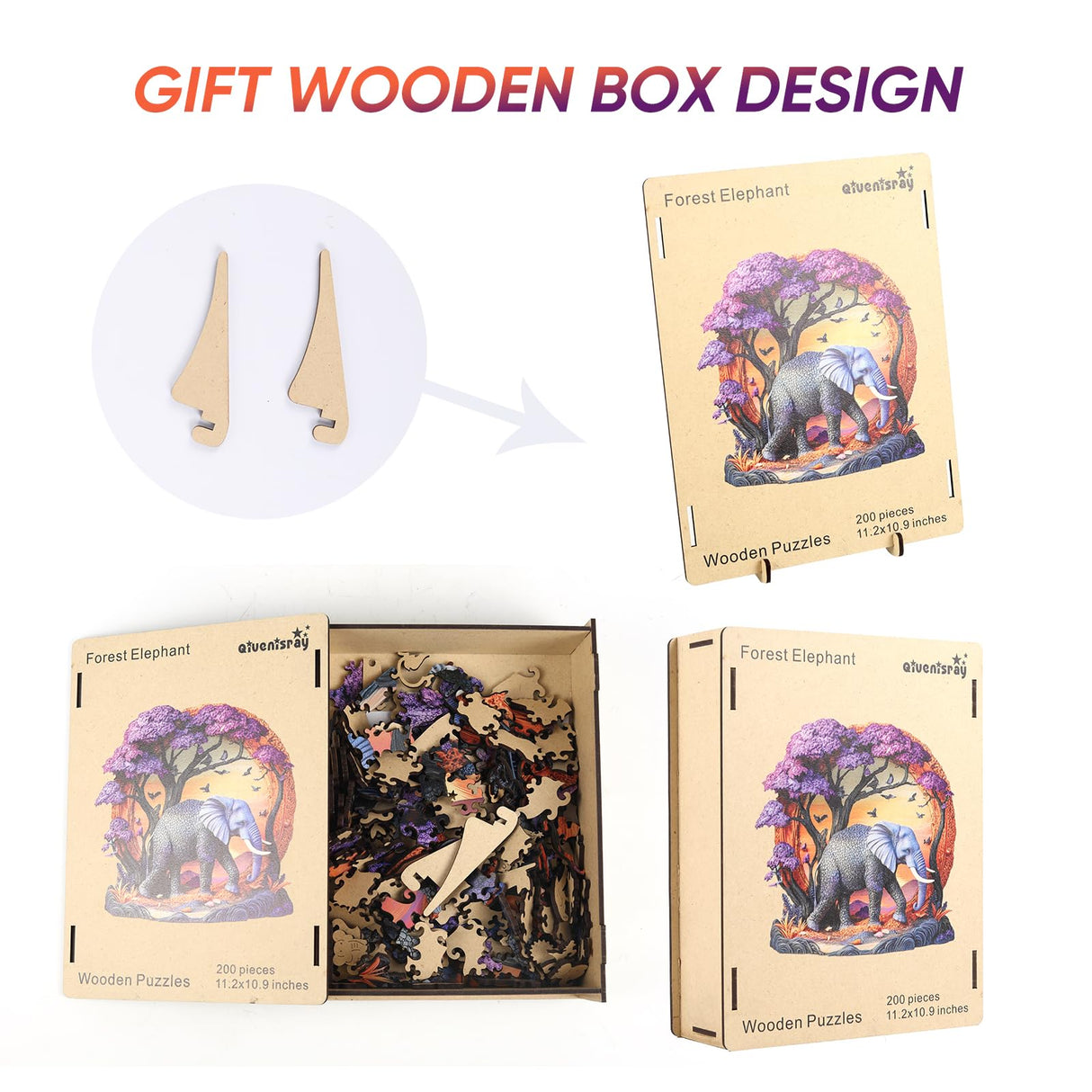 Wooden Puzzle for Adults 200 Pcs, 3D Vision Effect Elephant Forest Puzzle Unique Shape Advanced Jigsaw Puzzle, Challenge Wooden Jigsaw Puzzle for Family Game (11.2 x 10.9 in) Qiuenisray