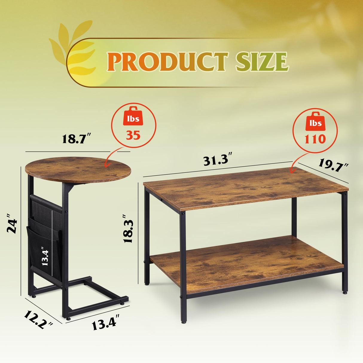 WLIVE Coffee Table, 31.3" and 18.7" Small Coffee Tables for Living Room, Modern Center Table and Side Table Set with Storage Side Pouch for Bedroom, Apartment, Rustic Brown WLIVE