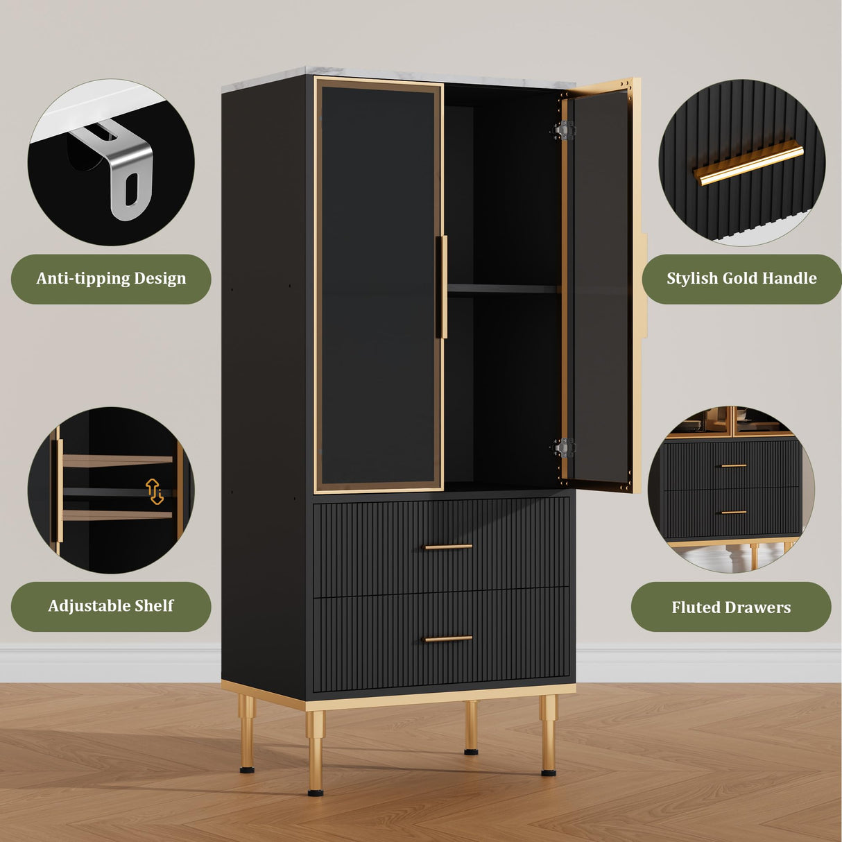 GarveeHome Fluted Storage Cabinet with Glass Door and 2 Drawers, Modern Display Storage Cabinet, Kitchen Pantry with Adjustable Shelves for Collectibles, Living Room, Office - Black GarveeHome