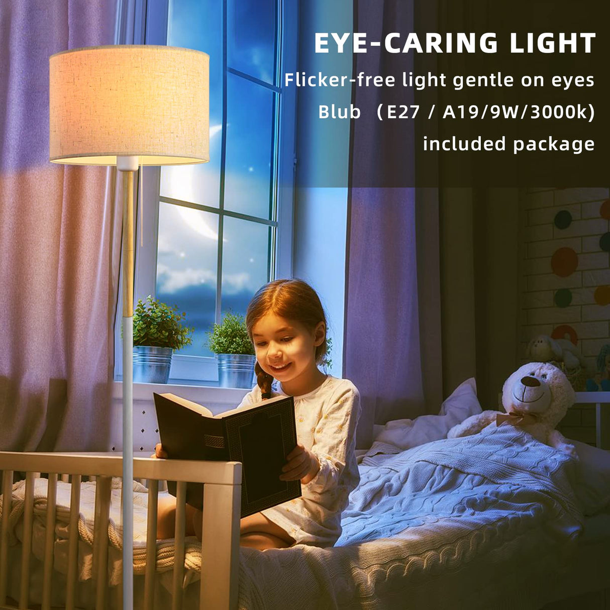 Modern Floor Lamp for Living Room Traditional Farmhouse Floor Lamps Mid-Century Pole Lamp with Linen Lamp Shade, Standing Tall Floor Lamps for Bedrooms and Office (White) LALISU