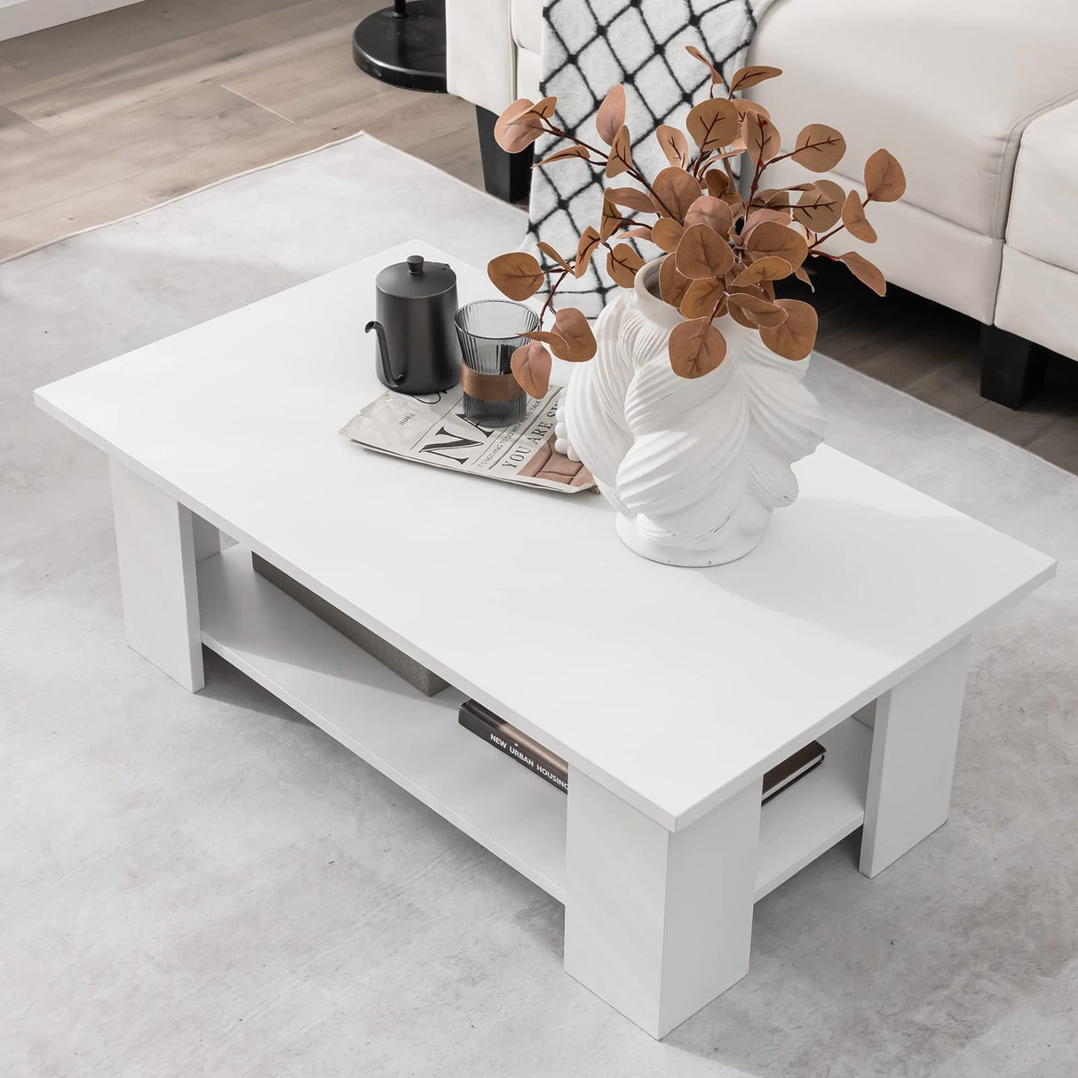 Tangkula 2-Tier Coffee Table, Modern Rectangular Center Cocktail Table with 5 Support Legs, Wooden Accent Living Room Furniture, Small Coffee Table for Small Spaces, Easy Assembly (White) Tangkula