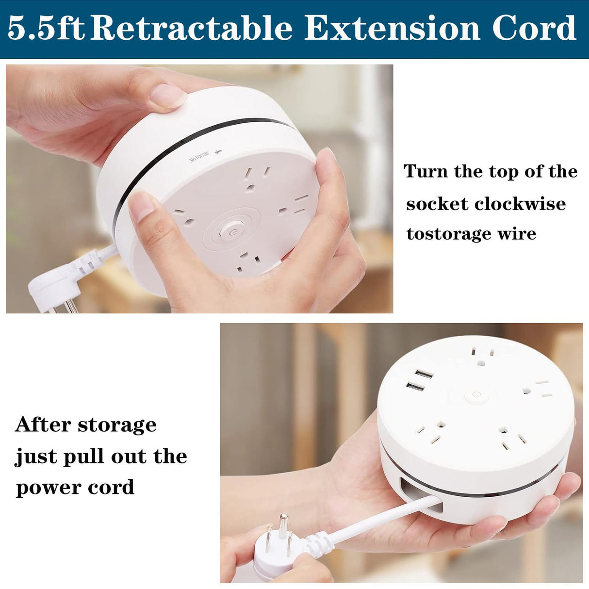 Retractable Power Strip, 6FT Extension Cord Power Strip Surge Protector with 4 Outlets 2 USB Ports and Hook Fast Charge, Portable Power Strip for Travel, Office, School, Hotel,Dorm Room Essentials HUAYUANDA