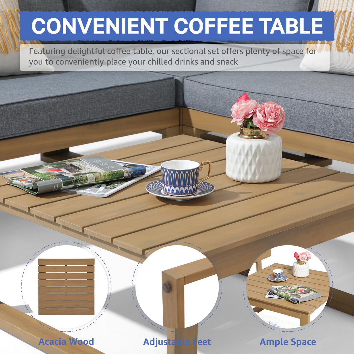 Soleil Jardin 4 Piece Acacia Wood Patio Furniture L-Shaped Outdoor Sectional Sofa Set with Coffee Table, FSC Certified Conversation Set with Built-in Side Table and Grey Cushions for Garden Soleil Jardin