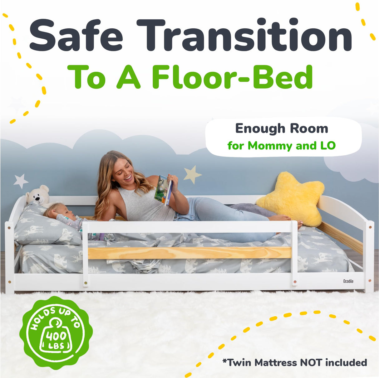 Twin Floor Bed with Safety Guardrails for Kids, Montessori Inspired with Rails and 2 Openings, Twin Size Bed Frame for Girls and Boys - White Ocodile
