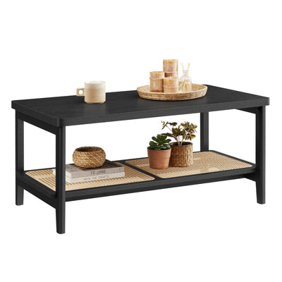 VASAGLE 2-Tier Coffee Table for Living Room, Living Room Table Rectangular Center Table, with PVC Rattan Storage Shelf, Rounded Corners, Easy Assembly, Boho Style, Ash Black ULCT240B21