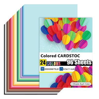 96 Sheets Colored Cardstock 24 Colors, 8.5x11 Color Cardstock Bulk, 200gsm/75lb Assorted Colors Construction Paper for Printing, Card Making, Die Cutting, Crafts, Scrapbooking, Party Decorations