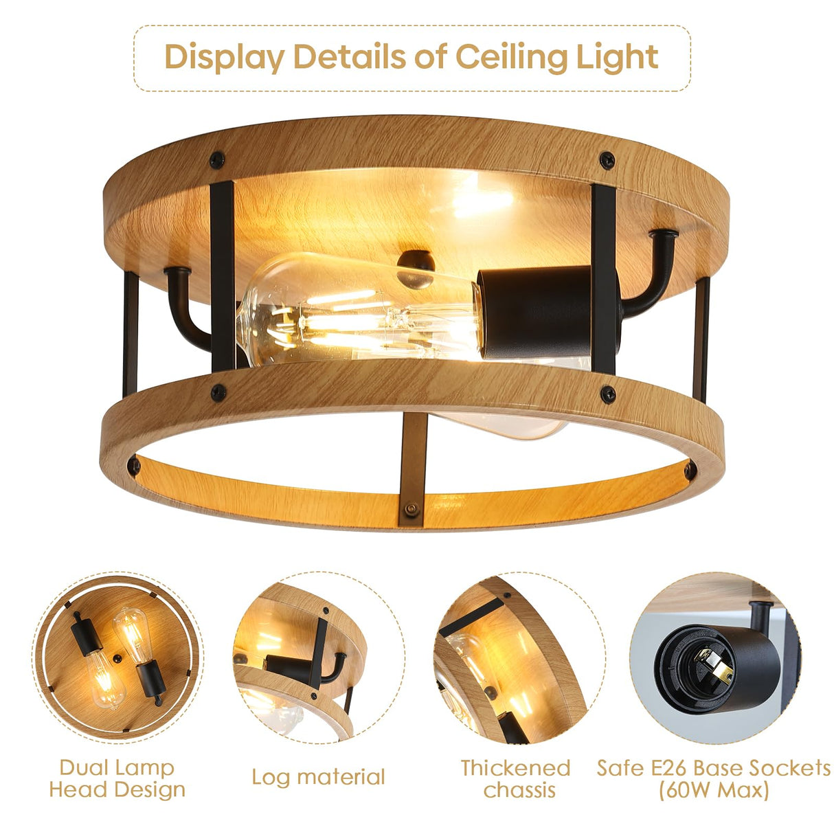 DOXVIEZE 2-Light Retro Close to Ceiling Light, Wood Finish Flush Mount Ceiling Light with Black Metal, Easy Assembled, Industrial Round Farmhouse Ceiling Lamp for Hallway Entryway Bedroom DOXVIEZE