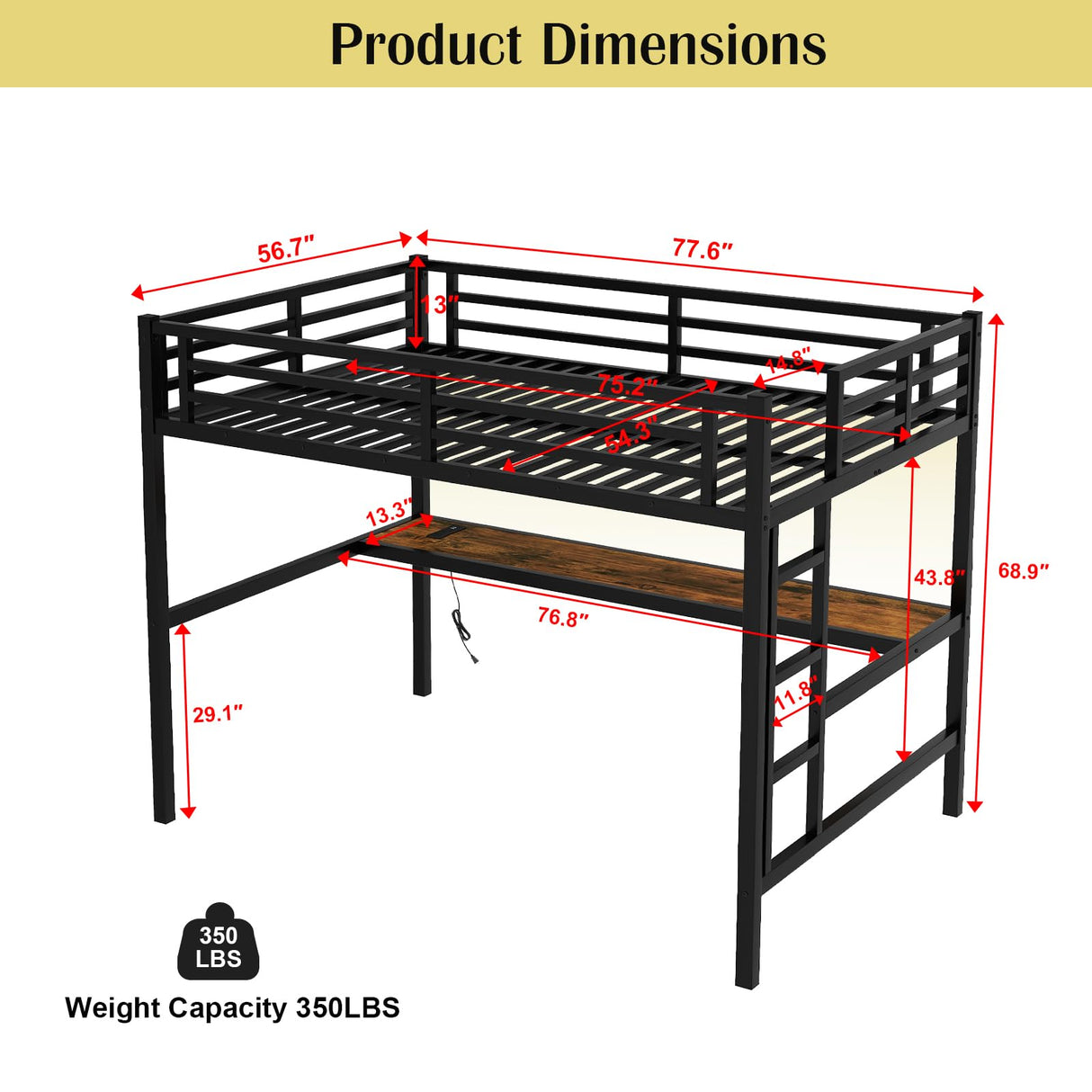 XUWANSHANG Loft Bed Full Size with Desk, Metal Heavy Duty Loft Bed with LED Lights, USB Port, Full Loft Bed Frames for Kids, Junior, Adults, Space Saving, Noise Free (Black, Full) XUWANSHANG