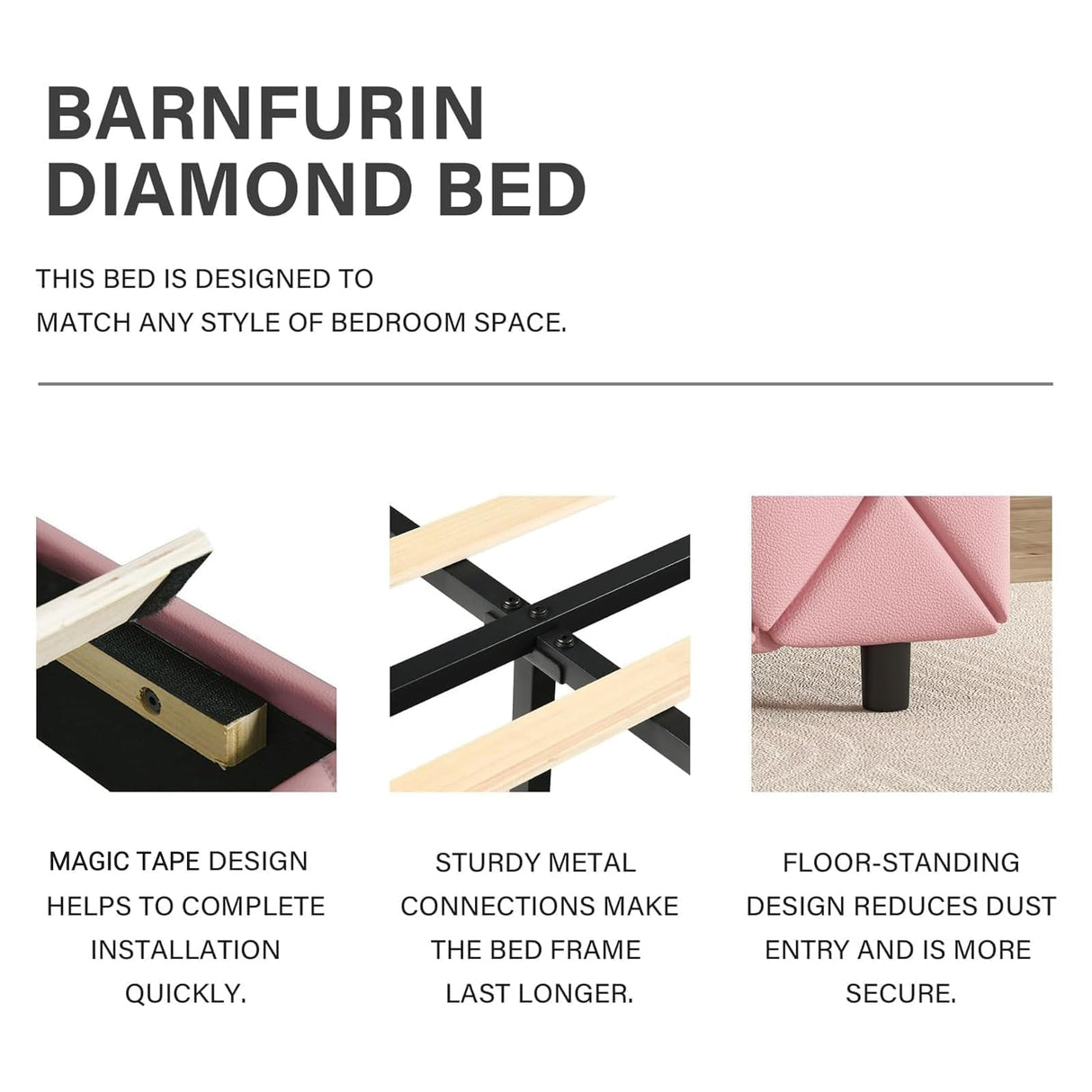 Queen Bed Frame with Headboard, Faux Leather Upholstered Bed with Diamond Tufted Design, Modern Platform Bed Frame, No Box Spring Required, Easy Assembly, Pink BarnFurin