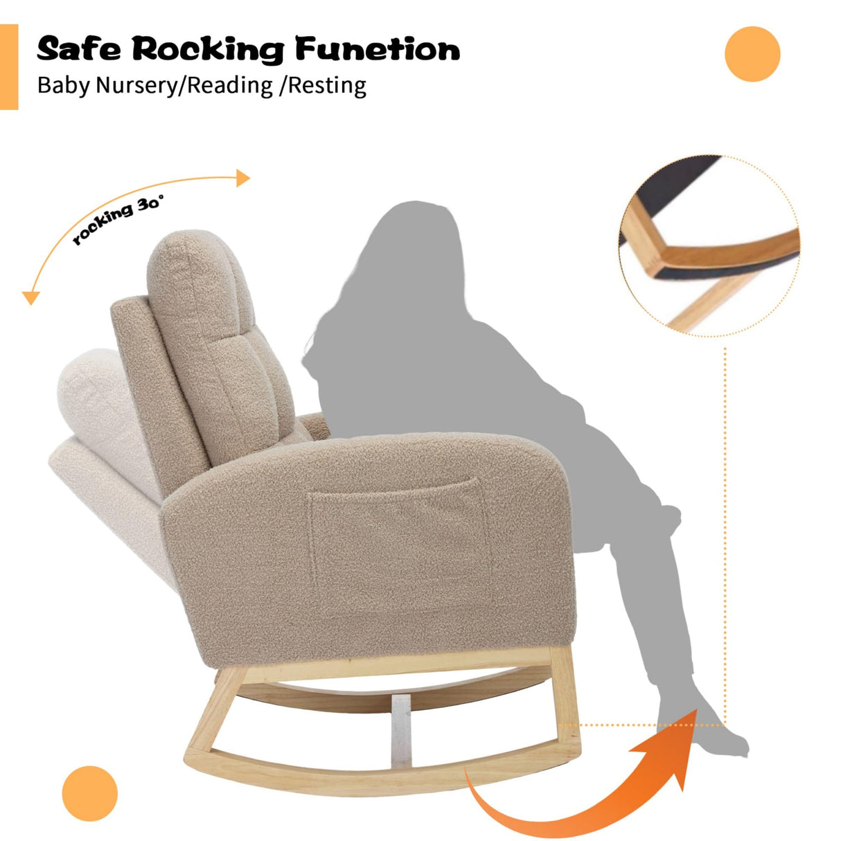 Hevaotry Nursery Rocking Chair with Adjustable Footrest for Living Room,Teddy Fabric Rocking Chair with Solid Wooden Legs,Comfortable Lounge Armchair with Side Pockets and High Backrest(Light Coffee) Hevaotry