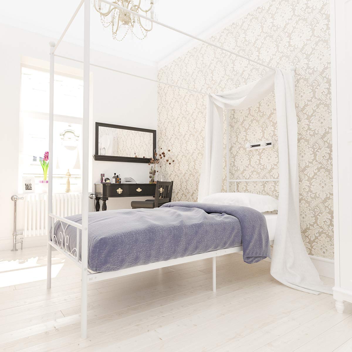 Weehom Twin Canopy Bed Frame with Headboard and Footboard, 4 Posters Metal Bed Frame, No Box Spring Needed, Mattress Foundation Platform Bed for Kids and Adults, White Weehom