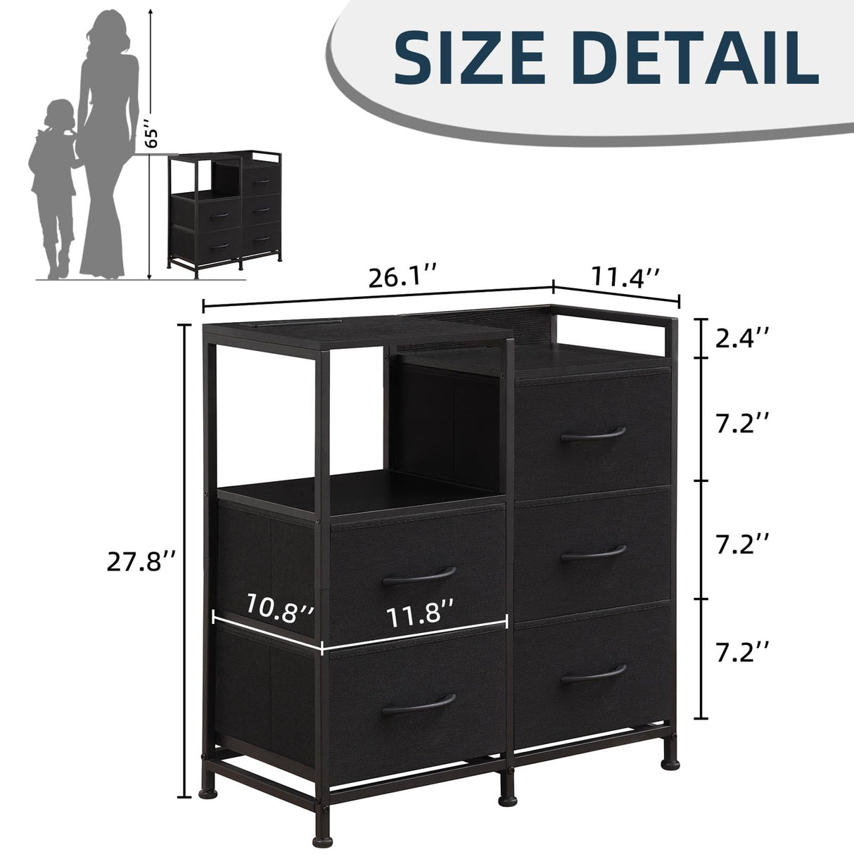 Somdot Black Nightstand with Charging Station and LED Light, Wide 5 Drawers Dresser for Bedroom with Fabric Bins and Open Shelf for Bedroom Kids Closet Dorm Guest Room, Black Somdot