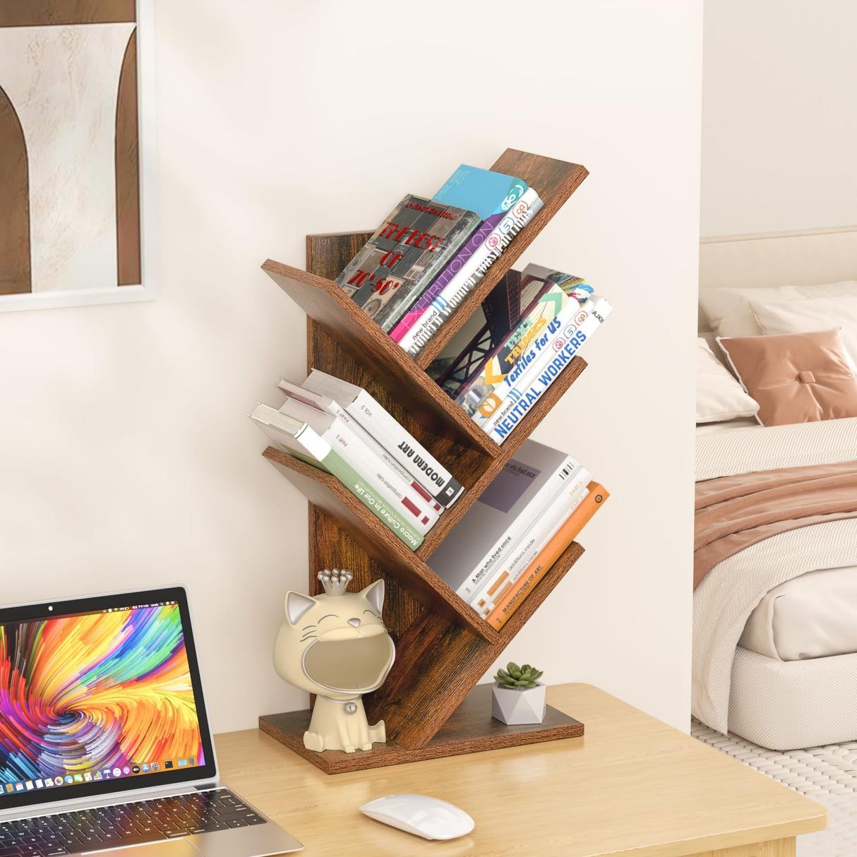 SHEEPAM 5 Tier Tree Book Shelf, Small Desktop Bookshelf with Storage Organizer, Wood Bookcase, Desk Display Bookshelves, Floor Standing Organizer Bookcases for Living Room,Bedroom,Office-Brown SHEEPAM