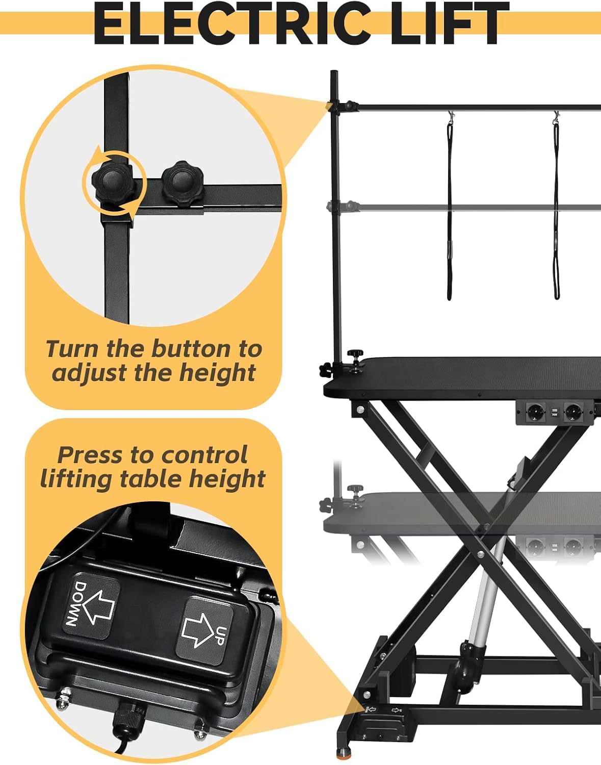 Kalolary Electric Pet Grooming Table for Large Dogs, Heavy Duty Professional X Lift Dog Grooming Table with Anti-Static Non-Slip Rubber Tabletop, 3 Nooses & Clamps & Arms, Black Kalolary