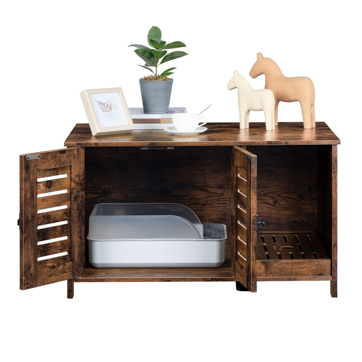 HOOBRO Cat Litter Box Enclosure, Double Door Litter Box Furniture, Hidden Litter Box Furniture, Splash-Proof Litter Control Board, Side Table, Coffee Bedside Table, Rustic Brown FG80MW01 HOOBRO