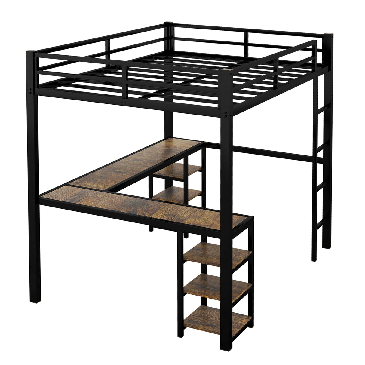 Full XL Loft Bed with Desk and Storage Shelves, Heavy Duty Loft Bed with Desk and Ladder, Full XL Loft Bed for Kids, Teens(Vintage Desk) Bellemave