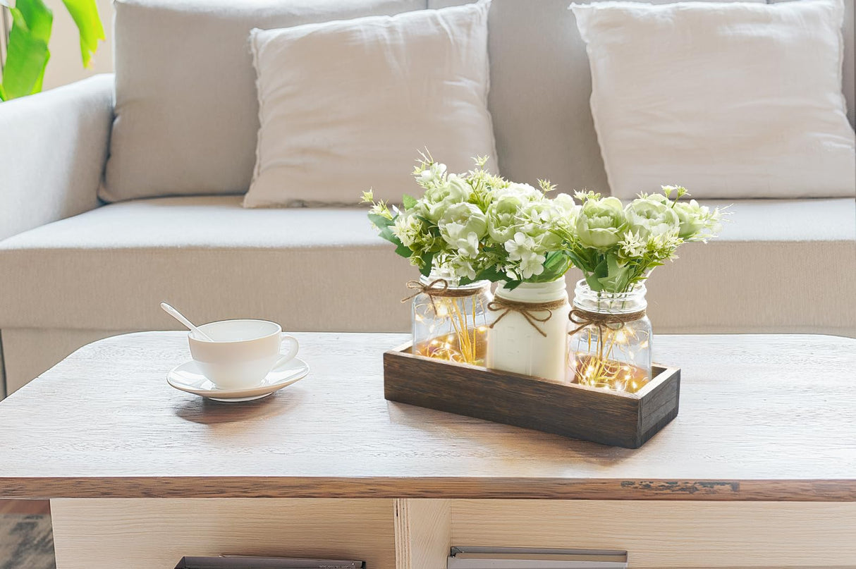 Mkono Mason Jar Lights Centerpiece Table Decorations for Dining Room Farmhouse Coffee Table Decor Wood Tray with 3 Jars Flowers Christmas Home Decor (Light Green) Mkono