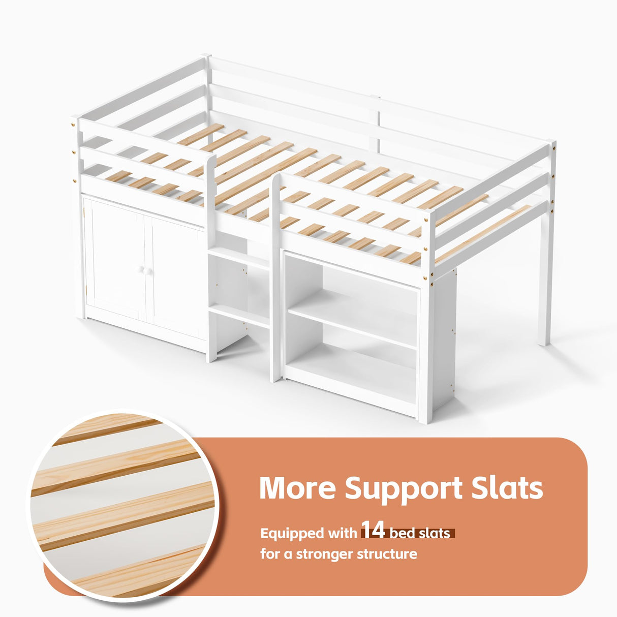 TOLEAD Kids Loft Bed, Twin Loft Bed with Lights, Toddler Loft Bed with 14" H Safety Guardrail, Low Loft Bed with Storage Bookcase and Under-Bed Play Space, Modern Low Loft Beds for Boys Girls (White) TOLEAD