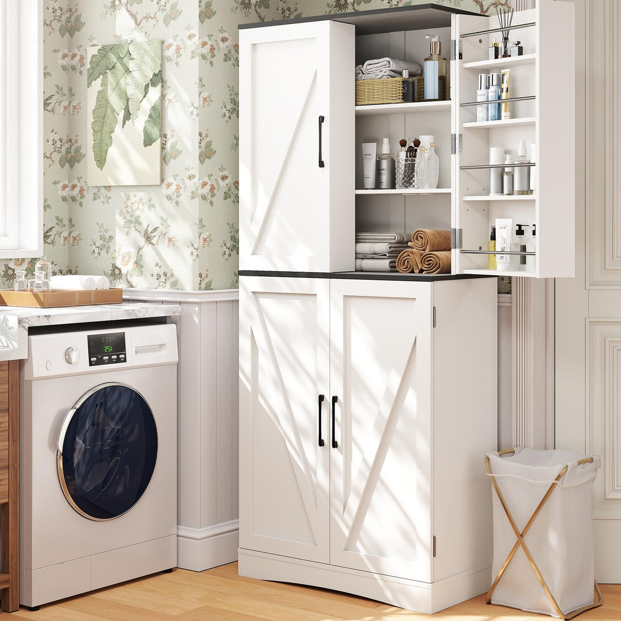 BREEZEHEAT 72" Tall Kitchen Pantry Cabinet, White Freestanding Farmhouse Pantry Storage Cabinet with 180° Swivel Doors, Adjustable Shelves & Drawer, Hutch Cabinet for Kitchen, Dining Room or Bathroom BREEZEHEAT