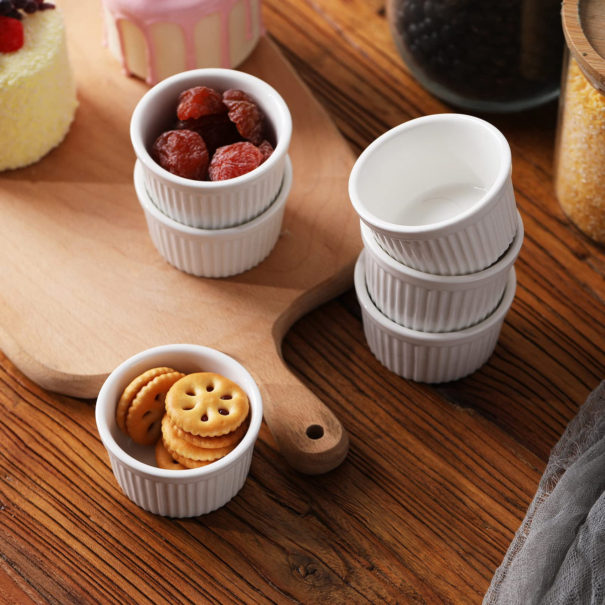 3 oz Ramekins 6 pcs Porcelain Ramekins Dishes for Souffle,Creme Brulee, Pudding, Custard Cups,Bakeware Bowls Set for Baking,Oven Safe, White 2.75 inch SLJMR