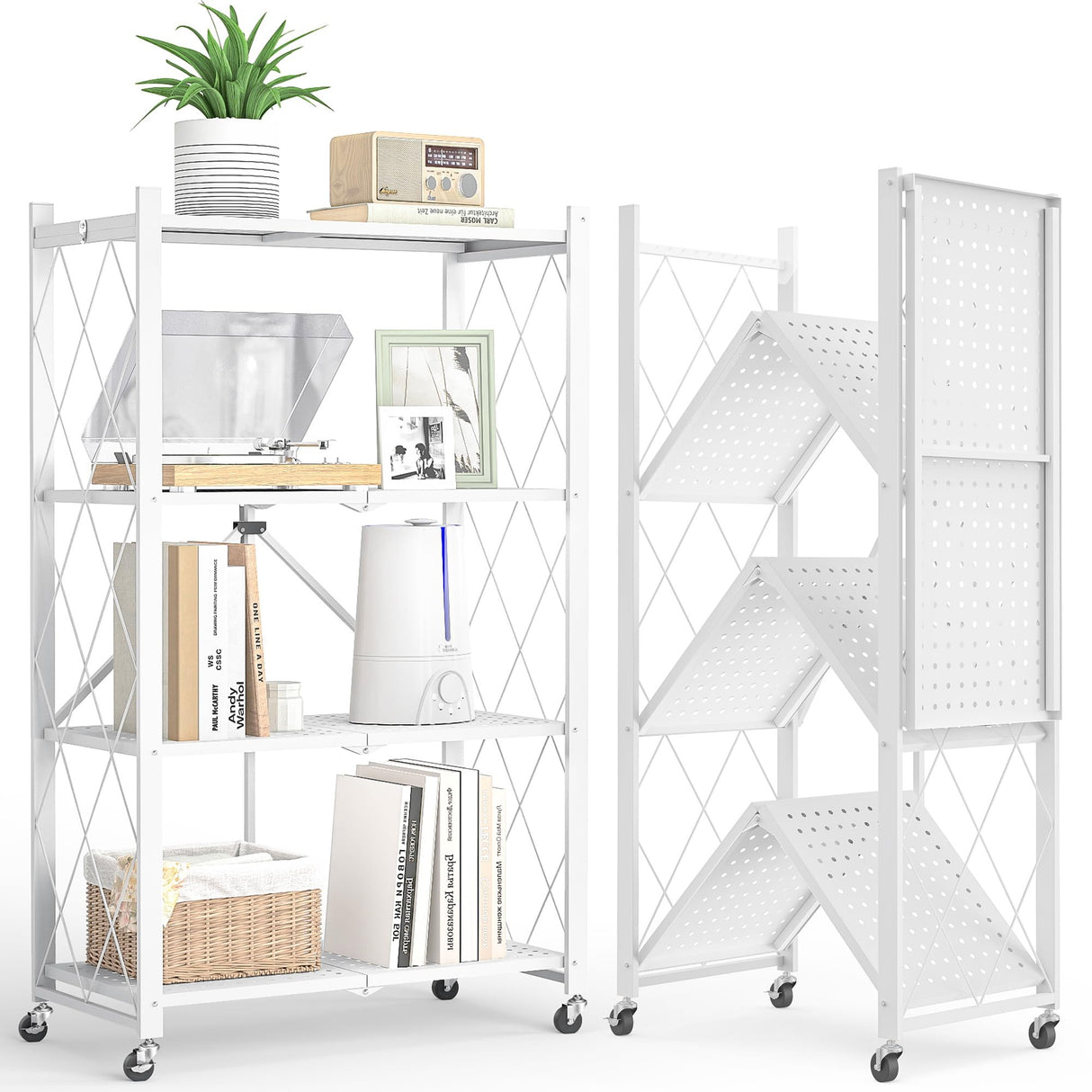 LUCKPRO 4-Tier Folding Metal Storage Rack - 50" Heavy-Duty Steel Frame with Wheels, No Assembly Utility Organizer, Rolling Shelving Unit for Kitchen, Garage, Pantry, Bedroom (White, 4 Tier) LUCKPRO
