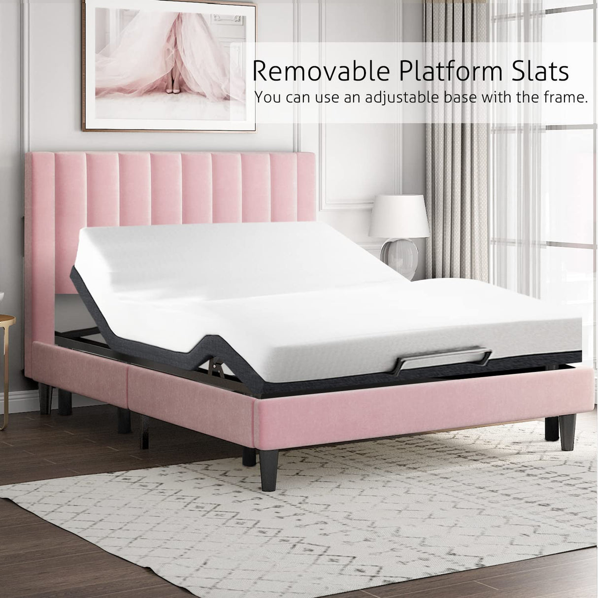 SHA CERLIN King Bed Frame/Velvet Upholstered Platform Bed Frame with Headboard/Strong Wood Slats Support/Mattress Foundation/No Box Spring Needed - Pink SHA CERLIN
