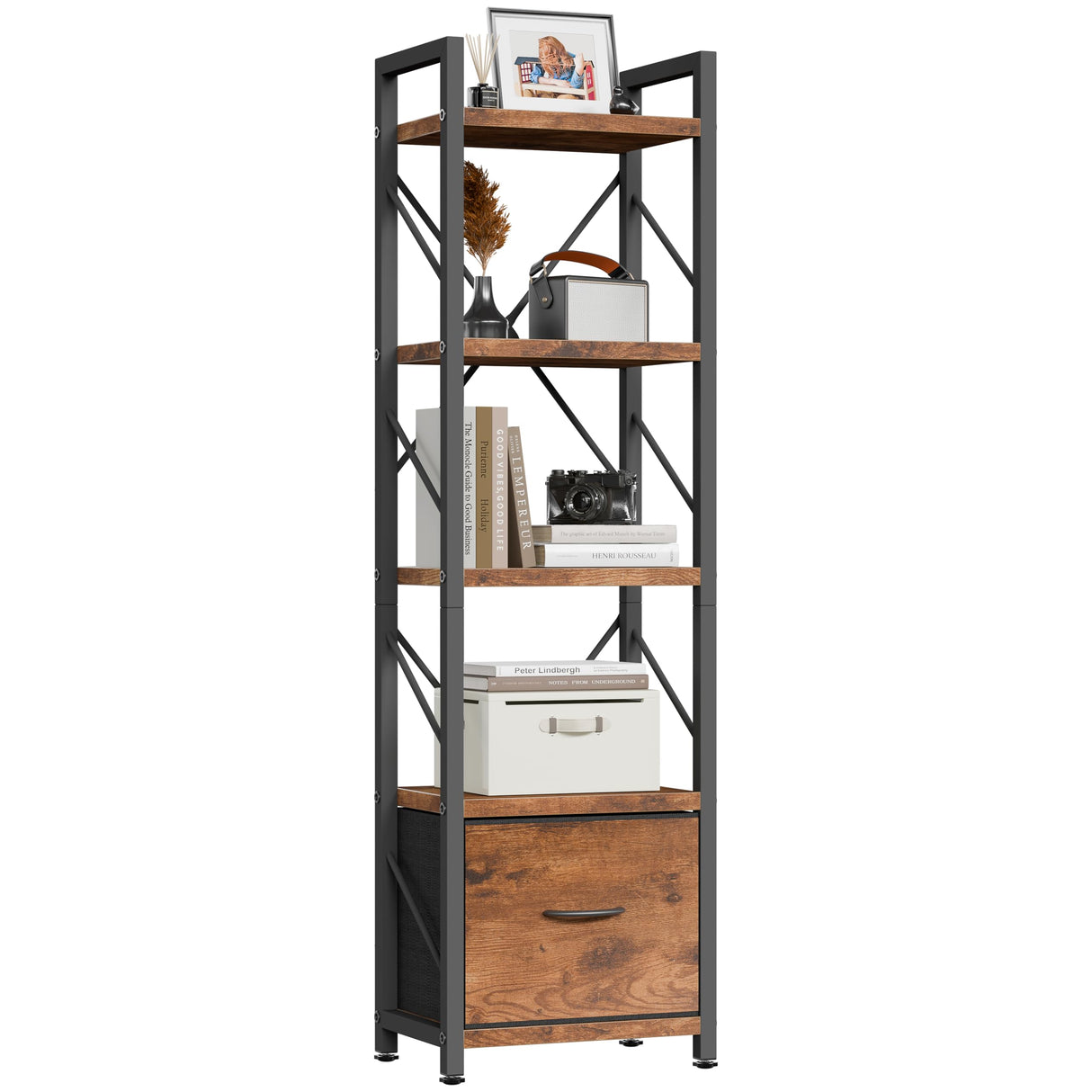 Shintenchi Bookshelf, 5 Tier Bookcase with Drawer, Modern Tall Bookshelves Storage Organizer, Industrial Book Shelves for Bedroom, Living Room, Office, Rustic Brown Shintenchi