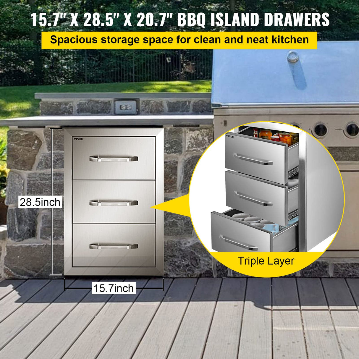 VEVOR Outdoor Kitchen Cabinets 16 W x 28.5 H x 20.5" D, BBQ Drawers Stainless Steel, Outdoor Kitchen Access Drawers with Handle, BBQ Island Drawers Flush Mount Triple Access, Patio Grill Station VEVOR
