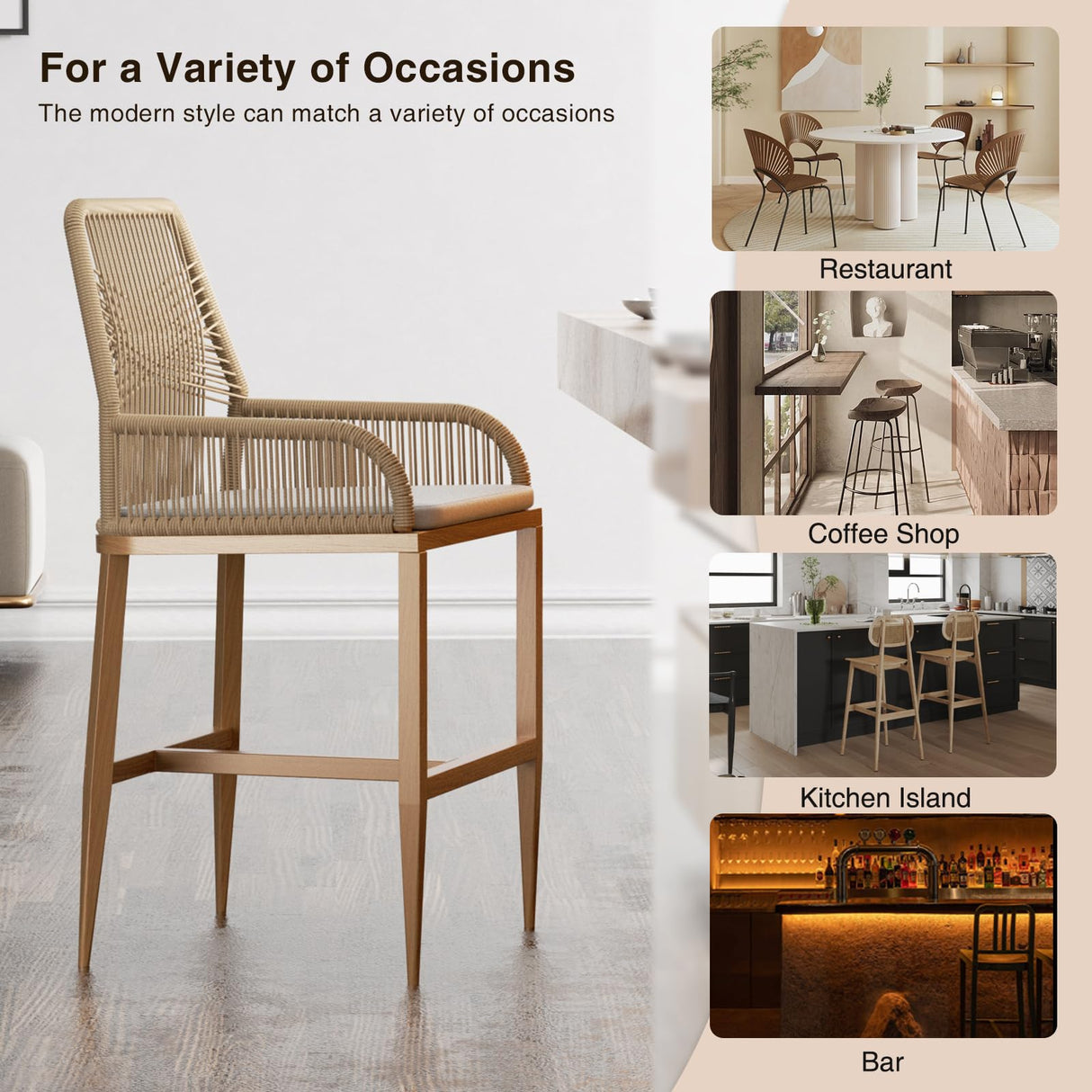 Halitaa Bar Stools Set of 2, Counter Height Barstools with Backrest and Cushion, Modern Rattan Wicker Patio Stools for Kitchen Patio Balcony Pool Outdoor Accent Counter Chairs, White Halitaa