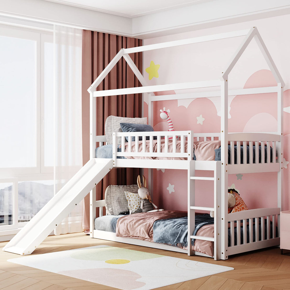 Harper & Bright Designs Kids House Bunk Beds with Slide, Wooden Twin Over Twin Bunk Bed Frame with Ladder, Guardrails, Bunk House Bed for Kids, Teens, No Box Spring Needed Harper & Bright Designs