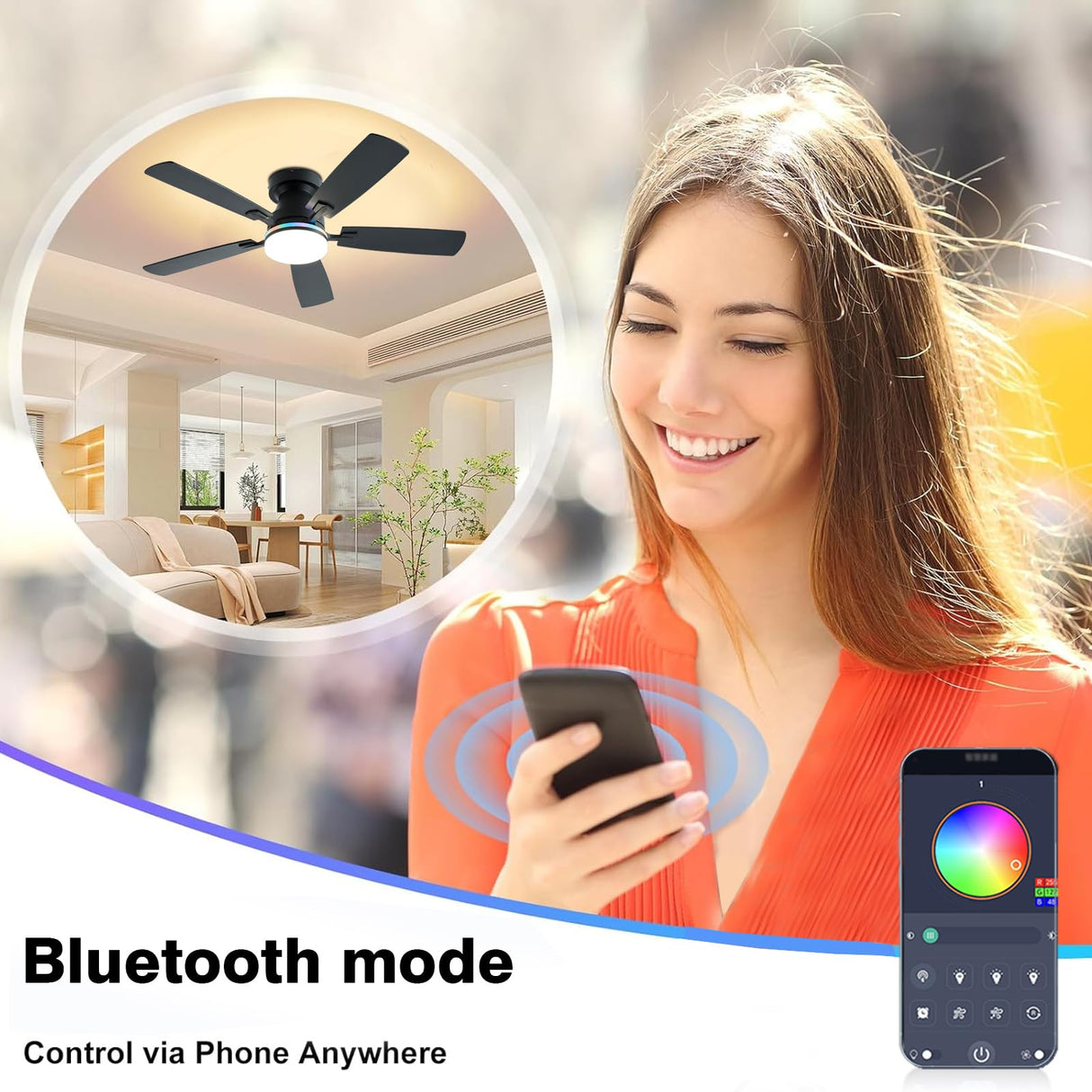 Ayaoty Ceiling Fans with Lights, 48 inch Low Profile Ceiling Fan with Light and Remote Control, Flush Mount RGB Dimmable Light, Noiseless, Black Ceiling Fan for Bedroom Indoor/Outdoor Use Ayaoty