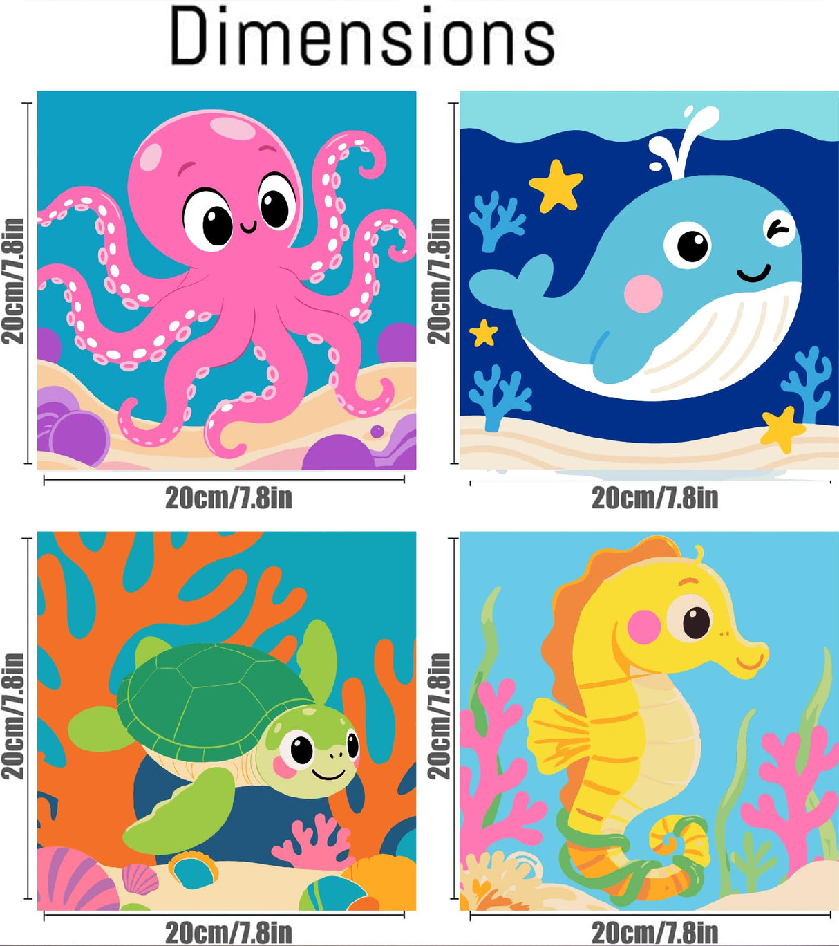 KYOQFVN Framed 4 Pack Paint by Number for Kids - Easy Octopus Whale Turtle Seahorse Paint by Numbers for Kids,DIY Acrylic Oil Painting Kits for Home Wall Decor (8X8inch) KYOQFVN