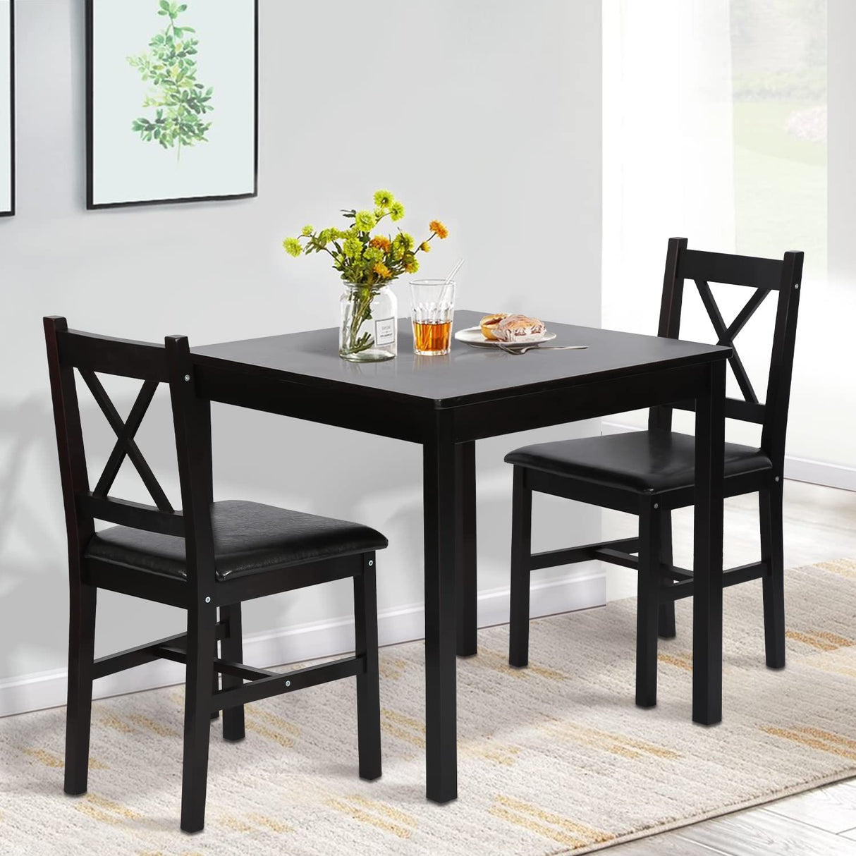 Kitchen Table Set for 2, 3 Piece Wooden Dining Table Set with 2 Chairs for Small Space, Modern Square Counter Height Small Dinette Set for Kitchen, Restaurant, Dark Brown Dkeli