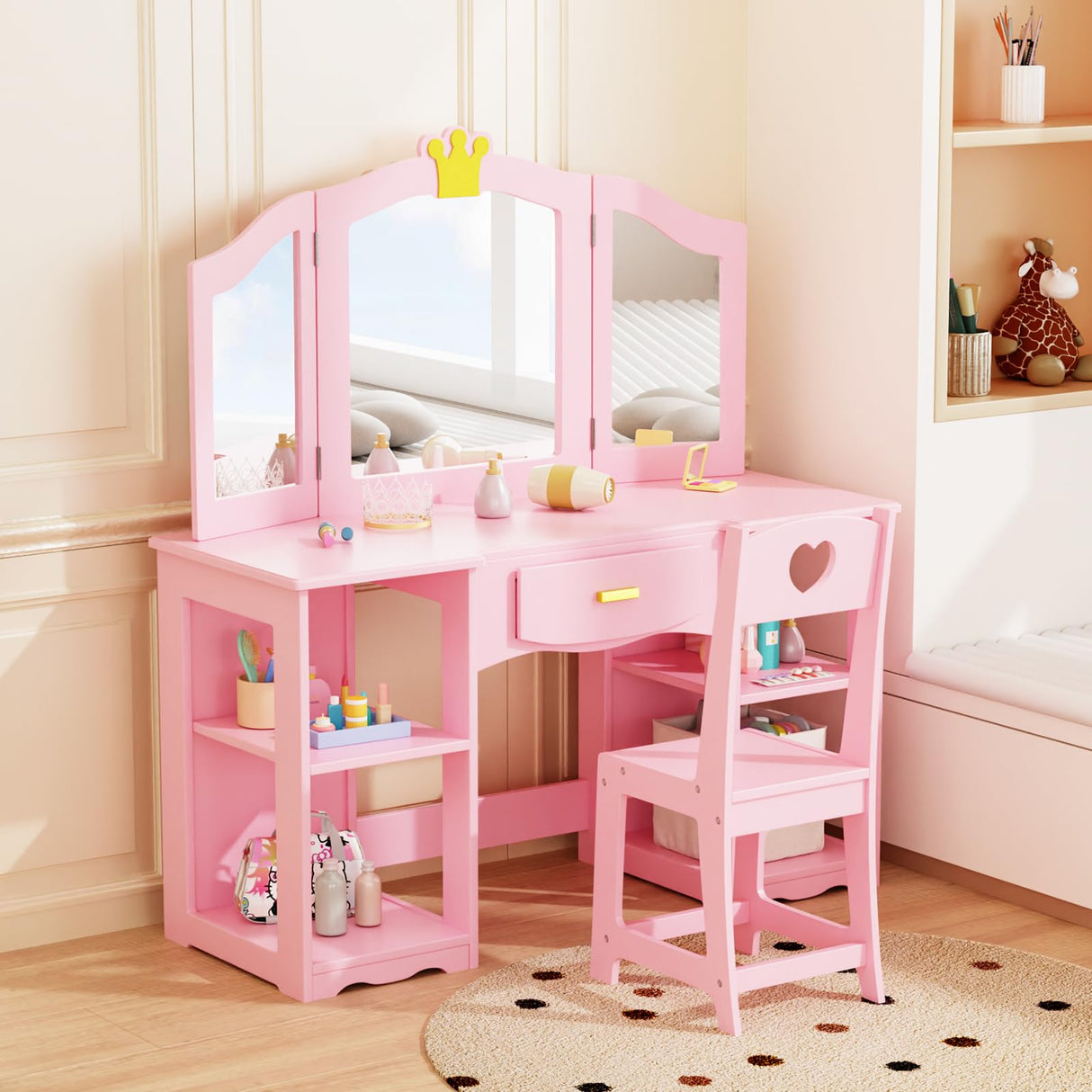JOYMOR Kids Vanity Table and Chair Set, 2 in 1 Princess Vanity, Girls Vanity Storage Cabinet w/Tri-Folding Mirror, Beautiful Holiday, Birthday Gifts (Pink) JOYMOR