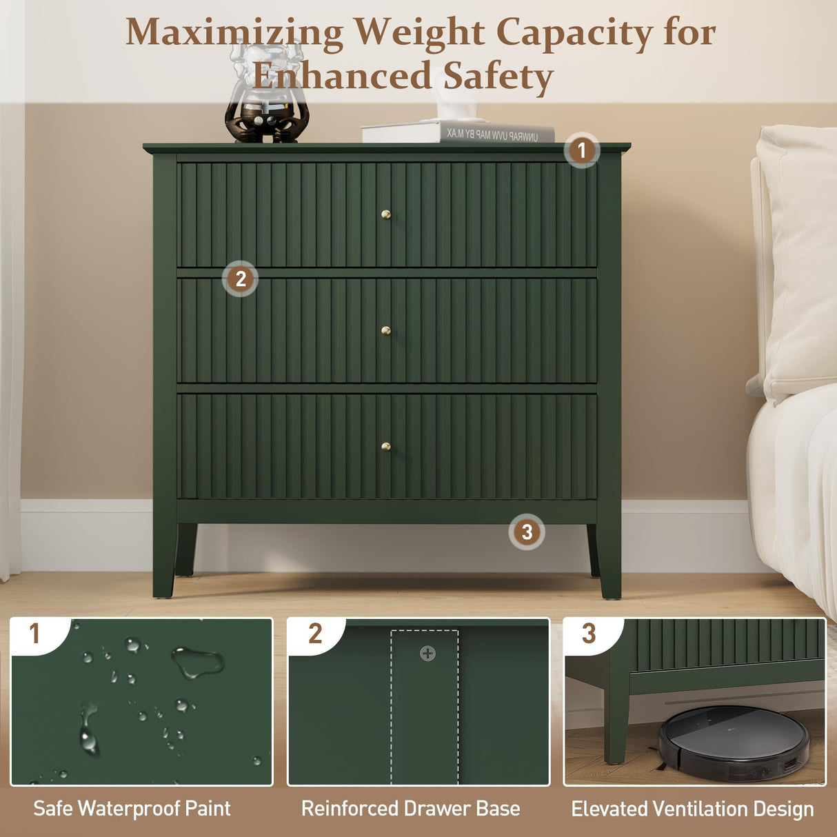 RoyalCraft Dark Green Fluted 3 Drawer Dresser, 32 inch Wide Dresser Nightstand for Bedroom, Modern Wood Chest of Drawers, Large Painted Nightstand with 3 Drawers for Closet, Hallway, Entryway RoyalCraft