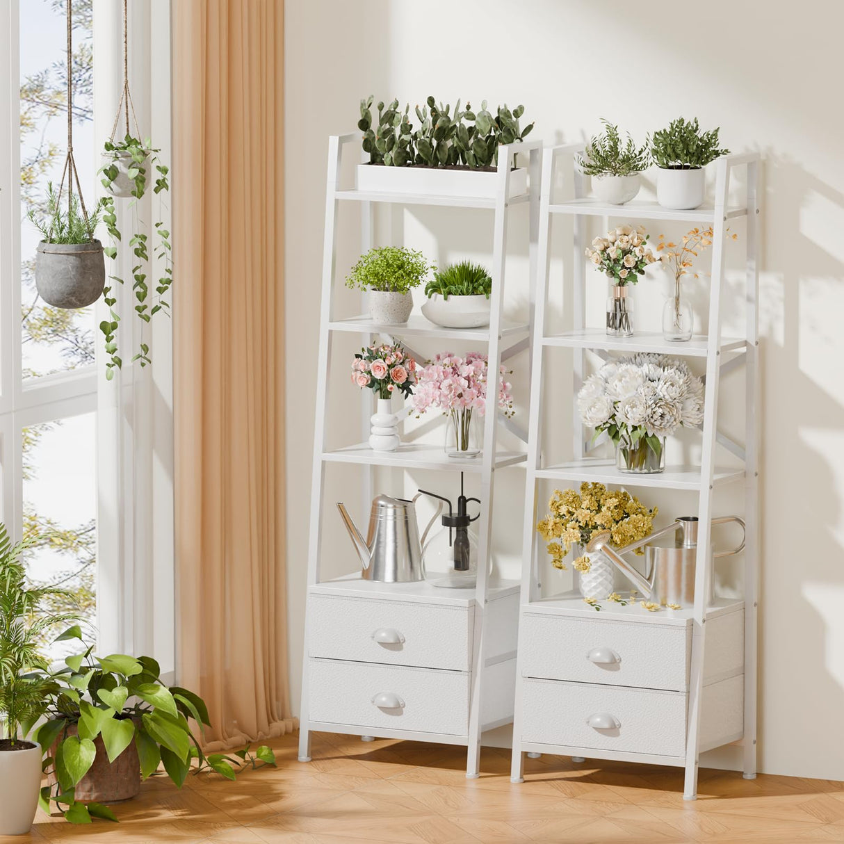 Furologee 4-Tier Ladder Shelf,Small Bookshelf with 2 Drawers,Vertical Bookcase Storage Rack Organizer,Display Bookshelves for Living Room,Bedroom,Bathroom,Home Office,Kitchen,White Furologee