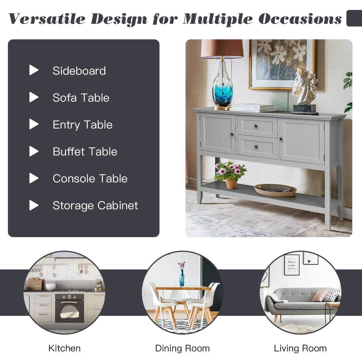 HAPPYGRILL Buffet Sideboard Solid Wood Storage Cabinet Console Table with 2 Drawers & Shelf, Buffet Server Cupboard for Kitchen, Entryway, Living HAPPYGRILL