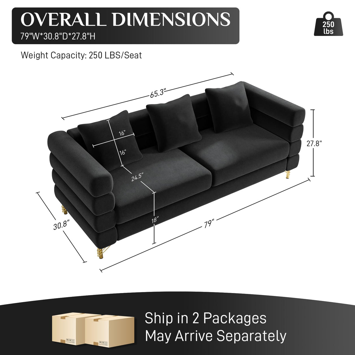 OUYESSIR Cloud Sofa Couch for Living Room, 79" Comfy Deep Seat Velvet Sofa with 3 Pillows and Gold Legs, Modern Upholstered 3 Seater Large Loveseat for Bedroom Office, Dark Black Velvet OUYESSIR