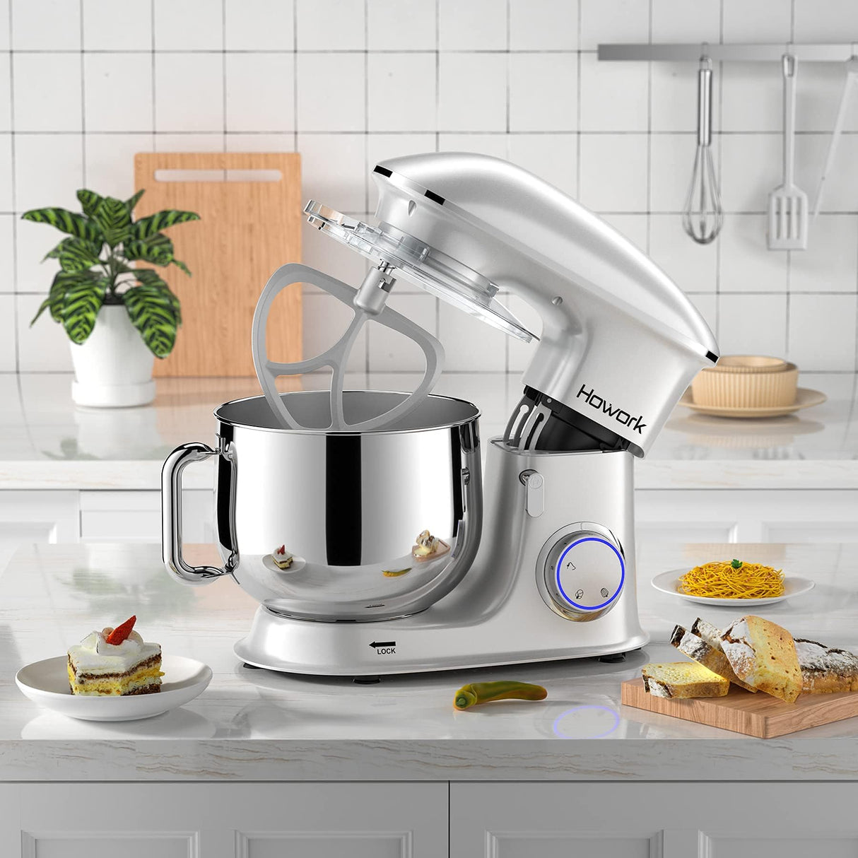 HOWORK 8.5QT Stand Mixer, 660W 6+P Speed Tilt-Head, Electric Kitchen Mixer With Dishwasher-Safe Dough Hook, Beater, Wire Whip & Pouring Shield(8.5 QT, Silver) HOWORK