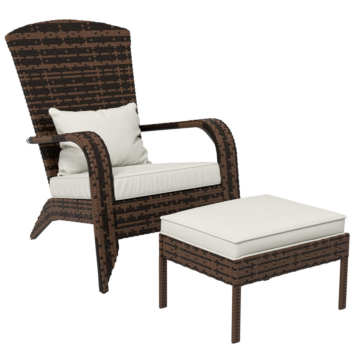 Outsunny Patio Wicker Adirondack Chair with Ottoman, Outdoor Fire Pit Chair with Cushions, High-Back, Large Seat & Armrests for Deck, Garden & Backyard, Cream White Outsunny
