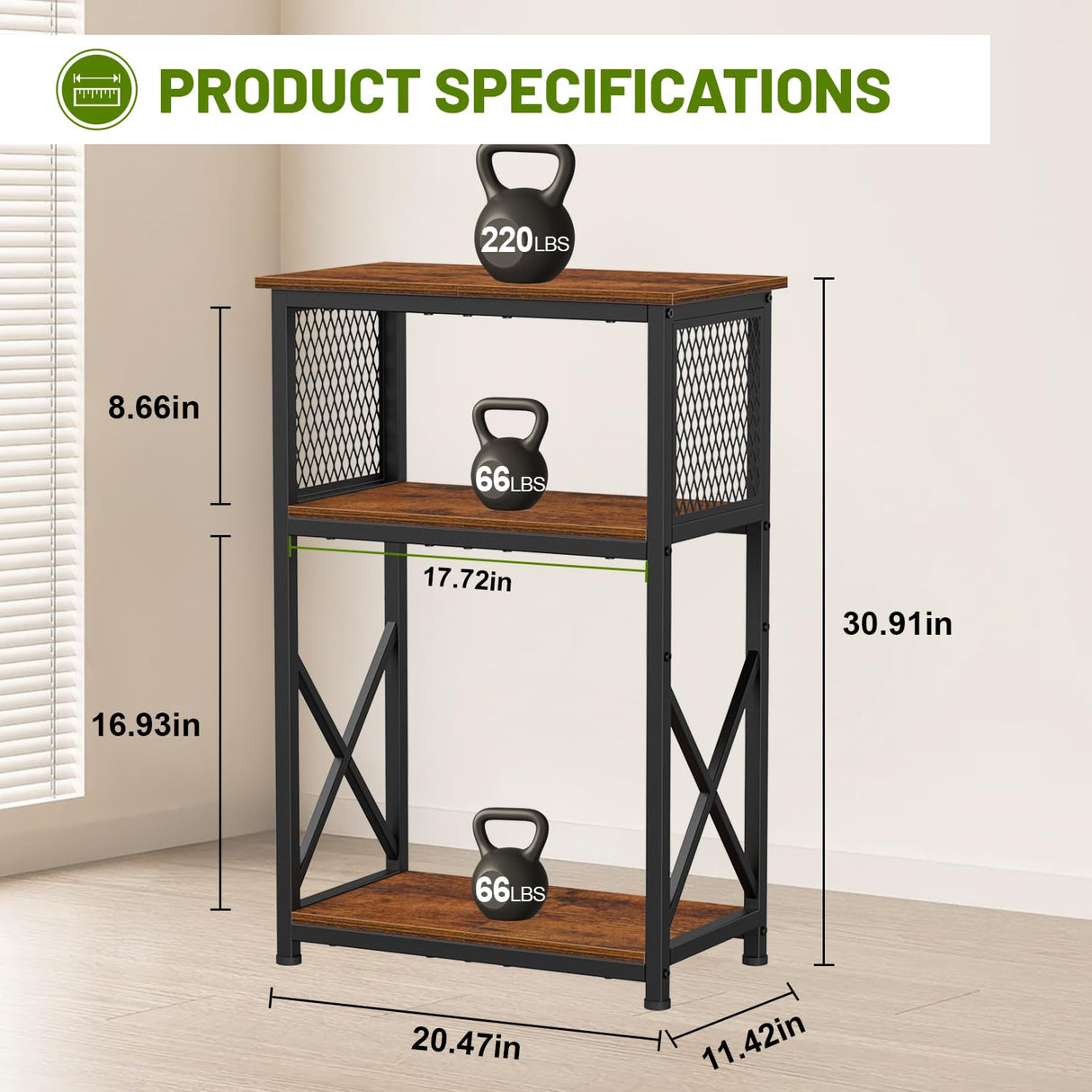 Snughome Fish Tank Stand, 10 Gallon Aquarium Stand with Storage, 3 Tier Heavy Metal Fish Tank Stand Fish Tank Shelf 20.47''L×11.42''W×30.91''H, Rustic Brown Snughome