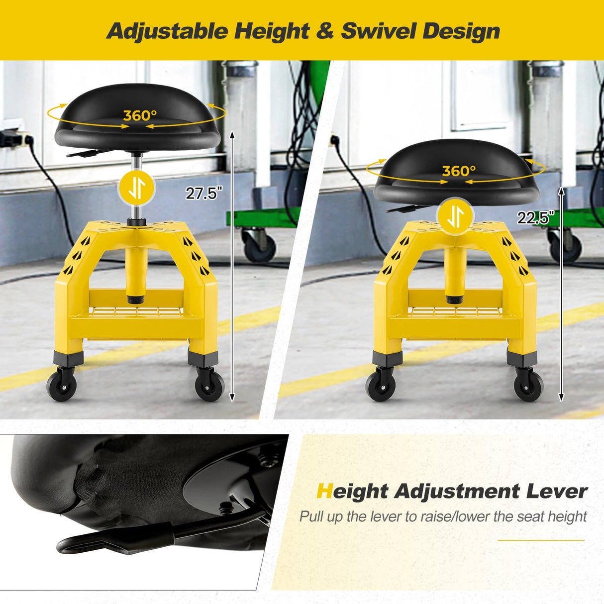 Goplus Mechanic Stool with Wheels, 360 Degree Swivel Rolling Garage Stool with 22.5”-27.5” Height Adjustment, Padded Seat, 330 LBS Capacity, Tool Tray, Heavy Duty Creeper Seat, Shop Stool for Workshop Goplus
