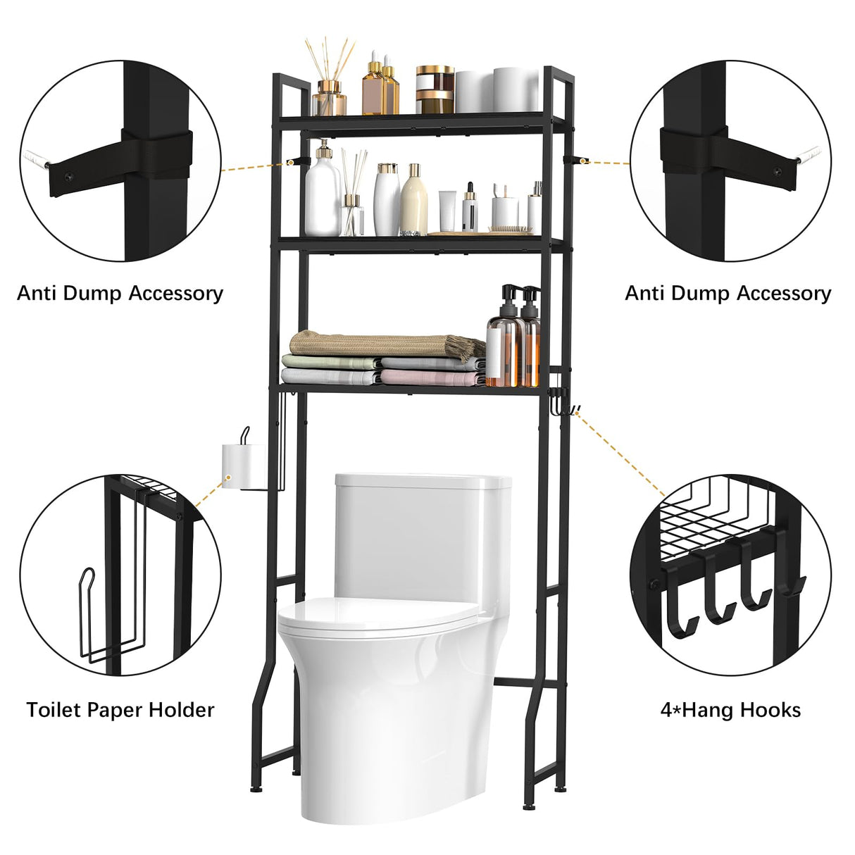 NOVIMANGO Over The Toilet Storage 3 Tier Over Toilet Bathroom Organizer Wooden Bathroom Space Saver Freestanding Above Toilet Stand with 4 Hooks Black Over The Toilet Rack for Restroom, Laundry NOVIMANGO